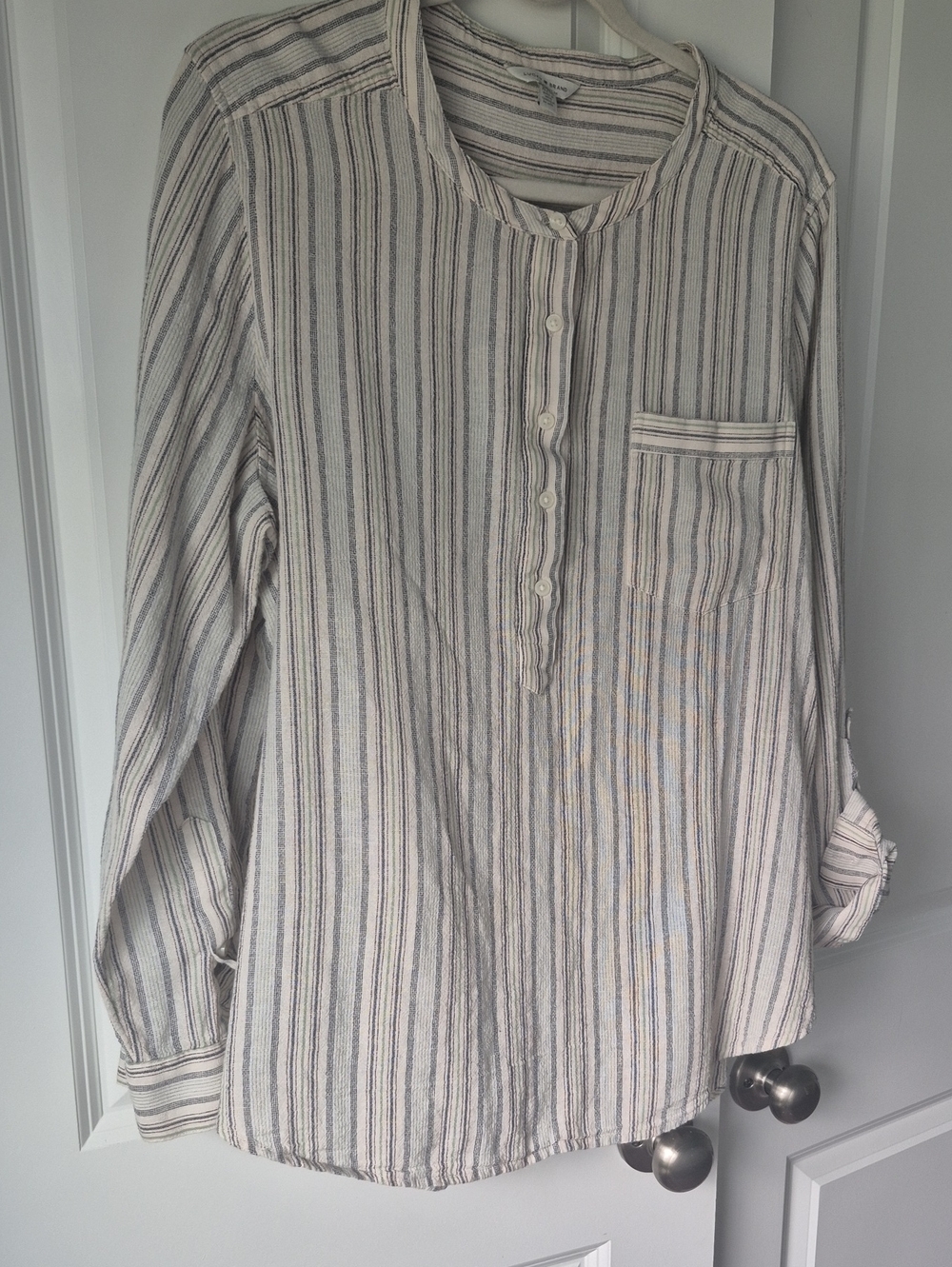 Long Sleeve Blue-Green-Cream Striped Blouse. XL